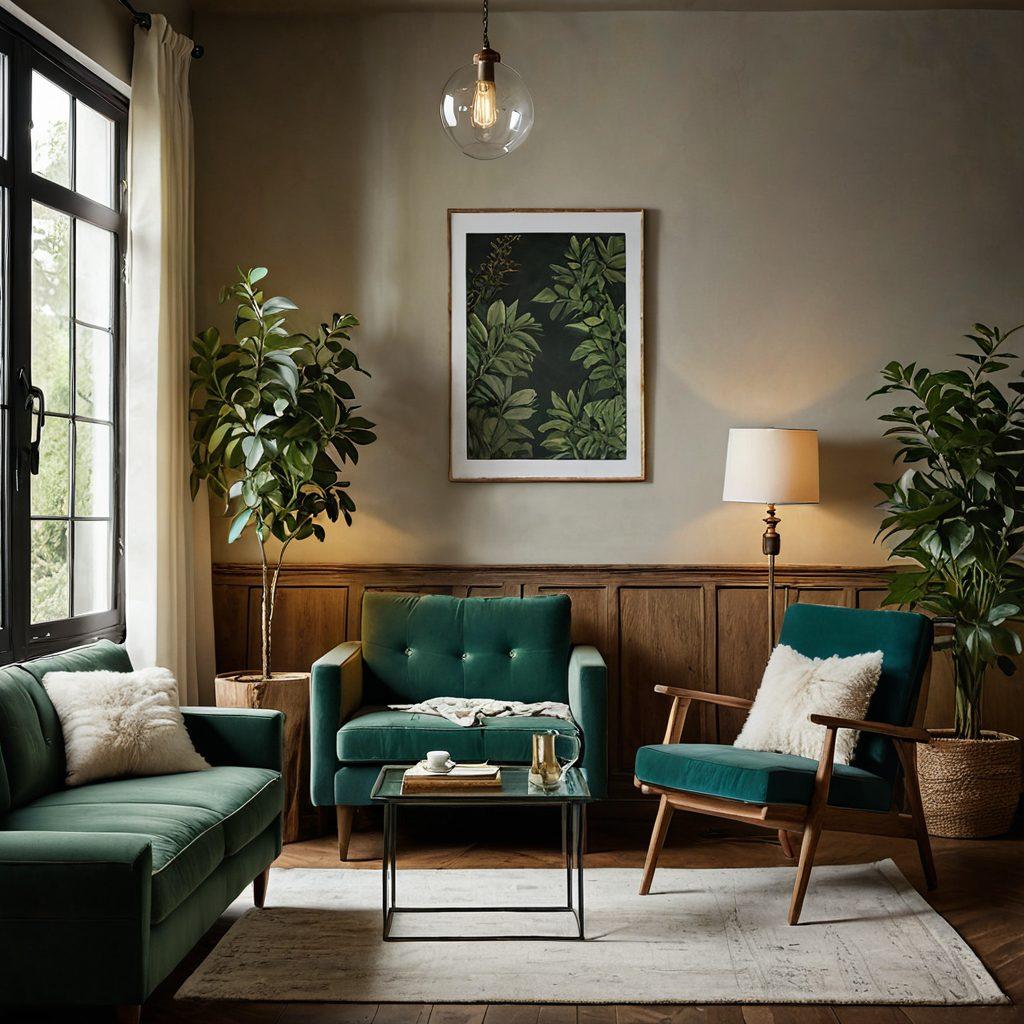 A picturesque living room showcasing a stunning transformation from rustic wooden furniture to sleek modern designs. The left side features a cozy, rustic armchair with a vintage lamp, while the right side highlights a chic, minimalist sofa and contemporary coffee table. Soft, warm lighting illuminates the room, creating a harmonious blend of styles. Include plants for a refreshing touch. vibrant colors. super-realistic.