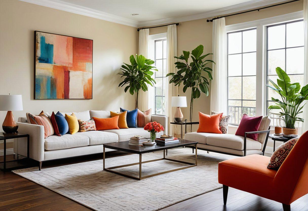 A stylish, modern living room showcasing the latest furniture trends, featuring a chic sofa, sleek coffee table, and vibrant accent chairs, adorned with decorative pillows and trendy artwork on the walls. Soft natural light filters through large windows, illuminating the elegant decor. Incorporate elements of greenery with indoor plants, and use a color palette of warm neutrals accented by bold colors for a fresh look. 3D. vibrant colors. subtle textures.