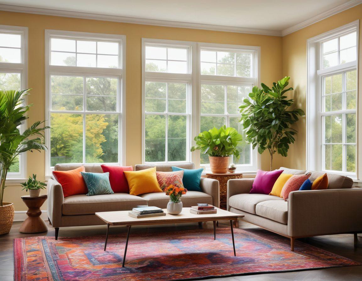A cozy living room showcasing a mix of stylish and functional furniture, including a modern sofa, an elegant coffee table, and colorful cushions. Soft natural light filters through a large window, with tasteful decorations like plants and artwork on the walls, reflecting a harmonious blend of comfort and aesthetics. Artistic elements enhance the warm atmosphere of the space. super-realistic. vibrant colors. bright and airy.